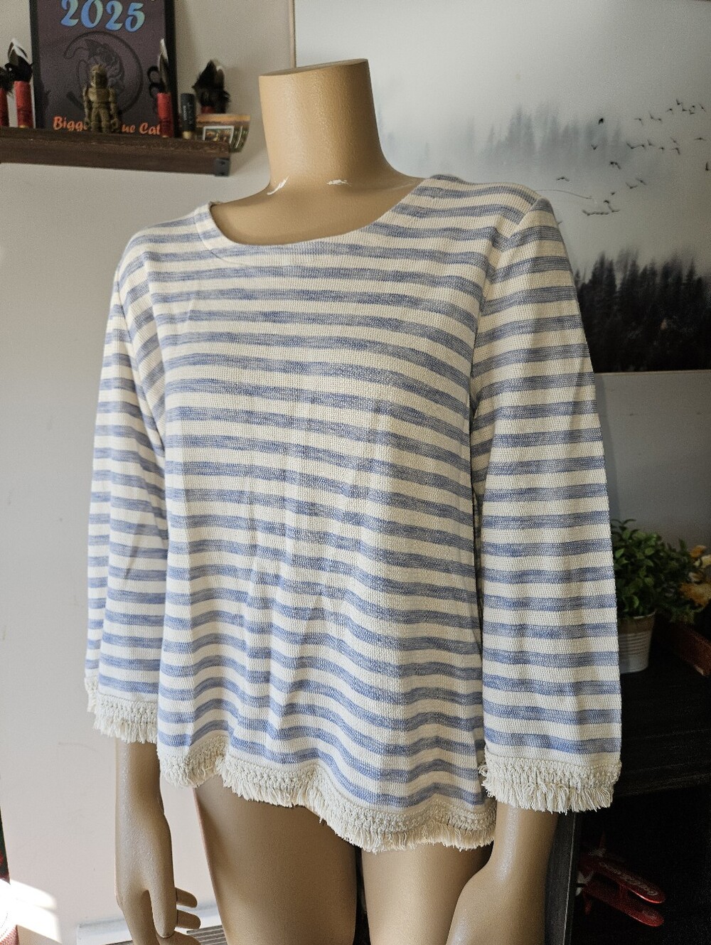 J Jill Nautical Striped Blue and White Fringe Hem Womens Top M Coastal Chic